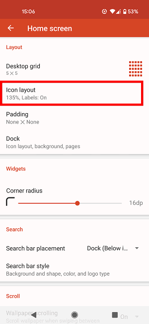 Параметры макета иконок в Nova Launcher