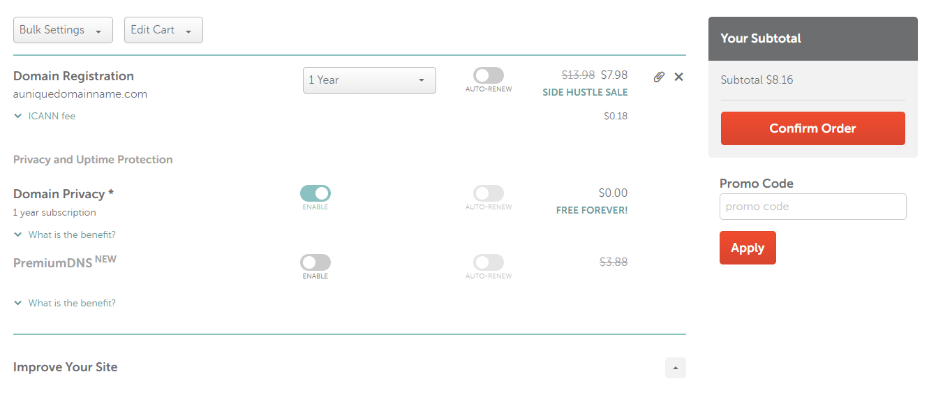 Страница оформления заказа на Namecheap с кнопкой подтверждения