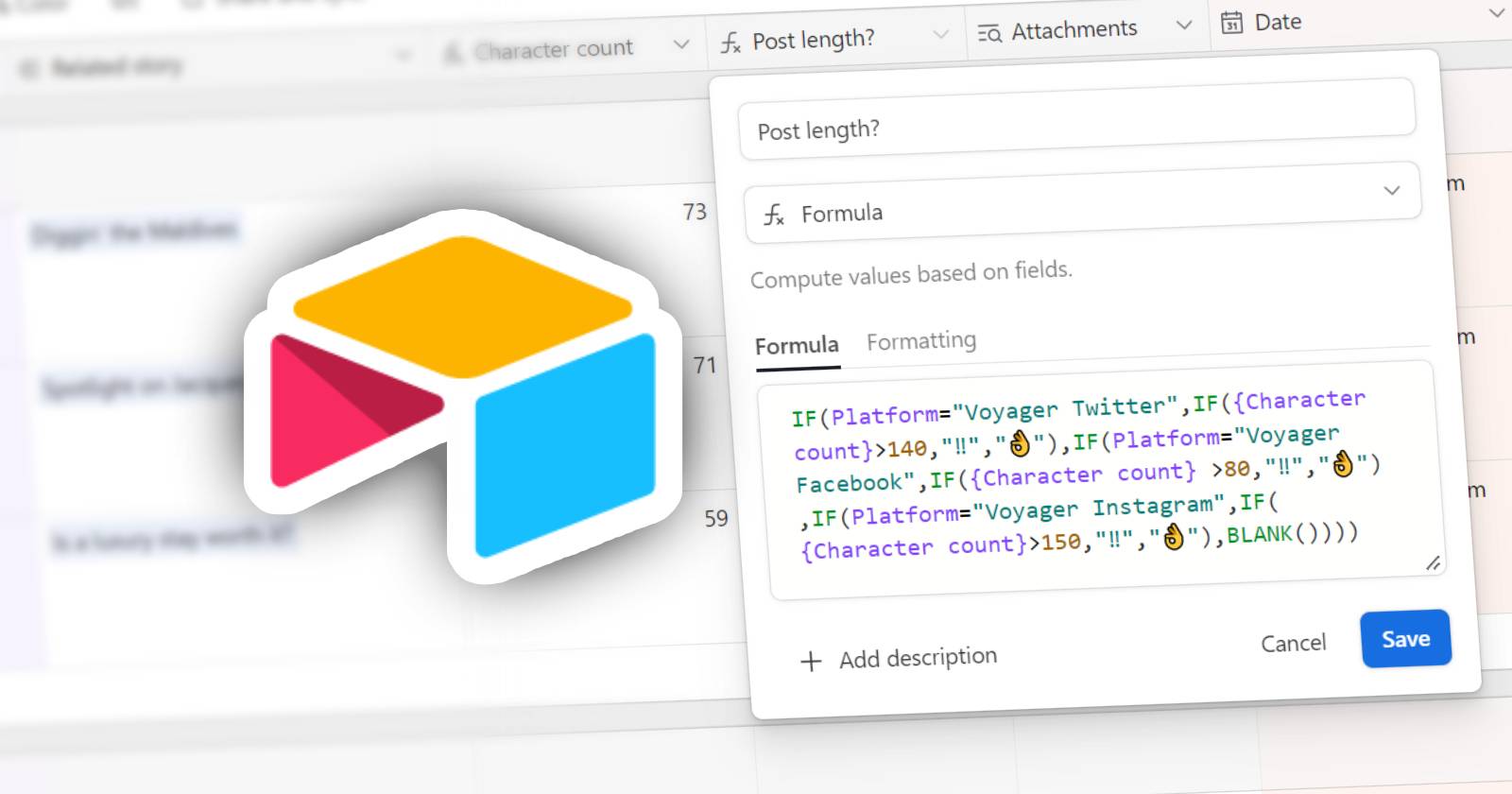 Выпадающее меню функций в Airtable с примерами формул.