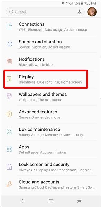 Скриншот настроек с пунктом Экран
