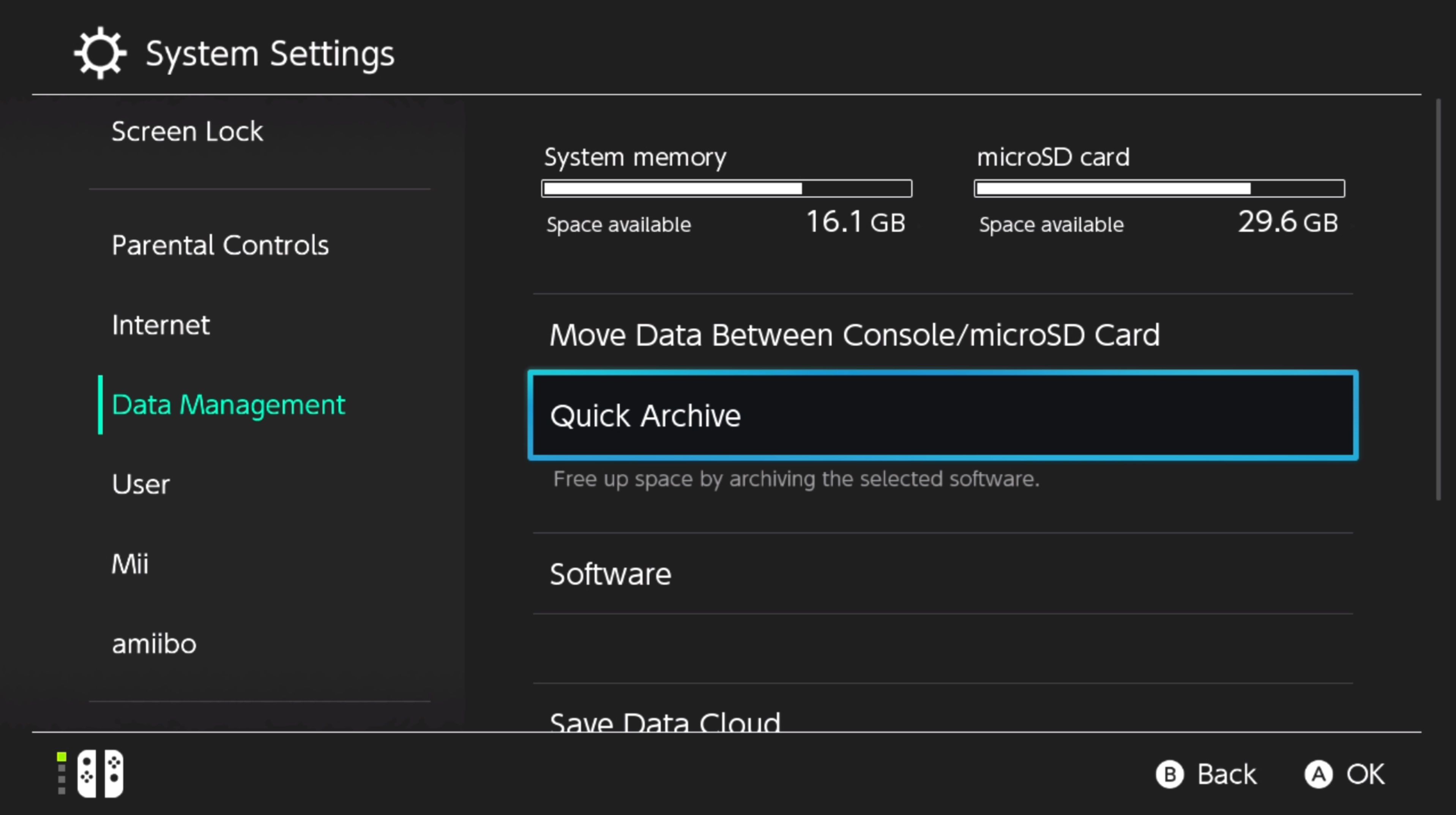 Интерфейс Быстрой архивации Nintendo Switch