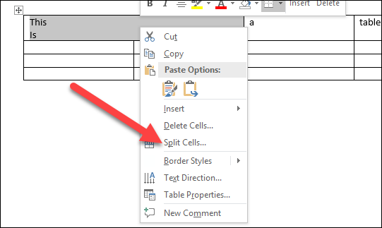 Контекстное меню Word с командой Разбить ячейки