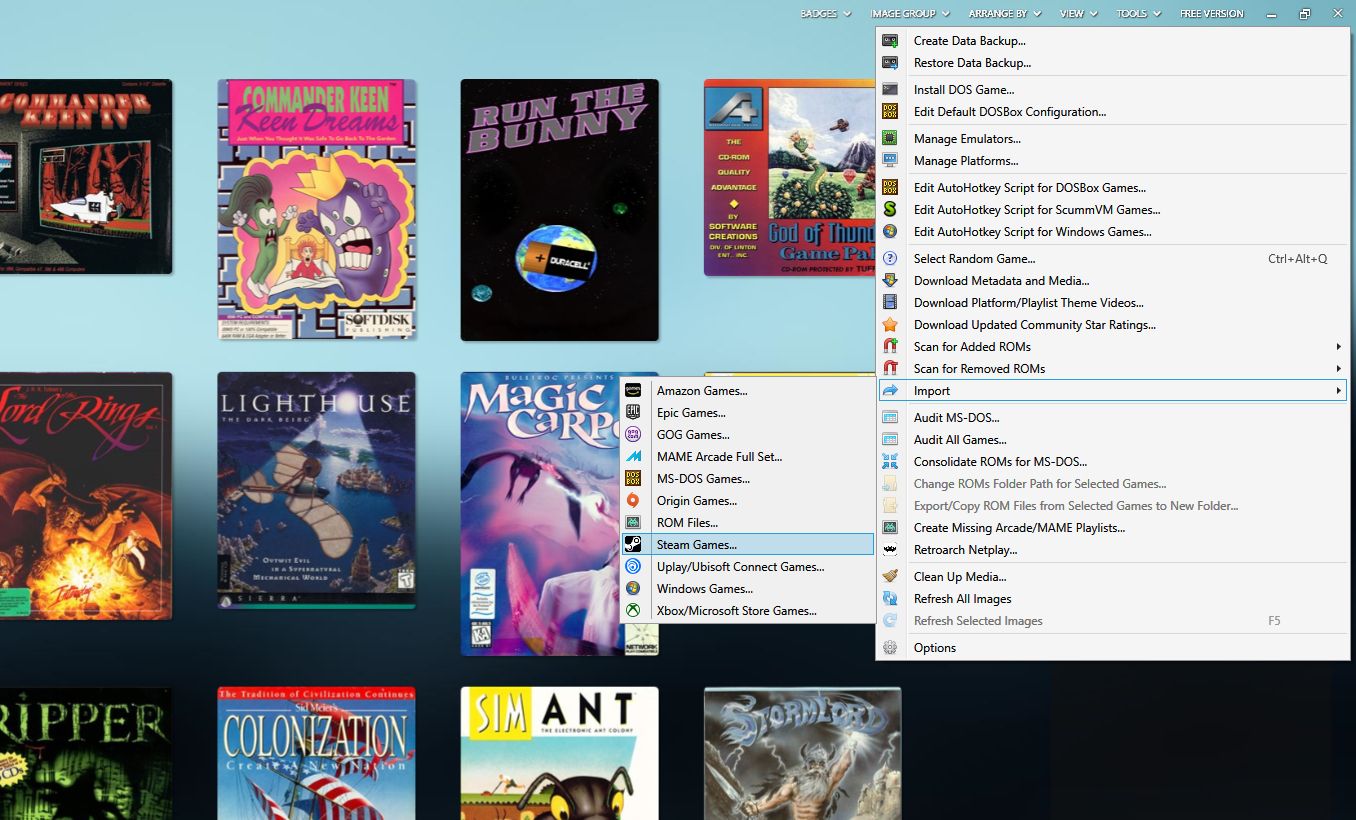 Меню импорта Steam в Launchbox