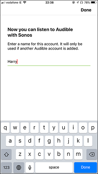 Поле для имени аккаунта Audible в Sonos