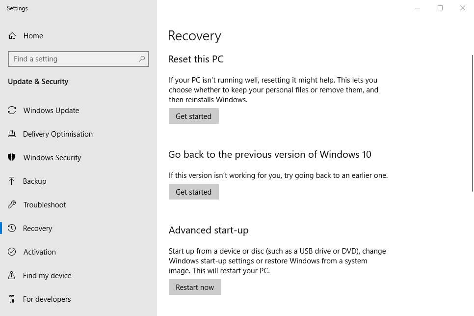 Параметры восстановления и сброса Windows 10