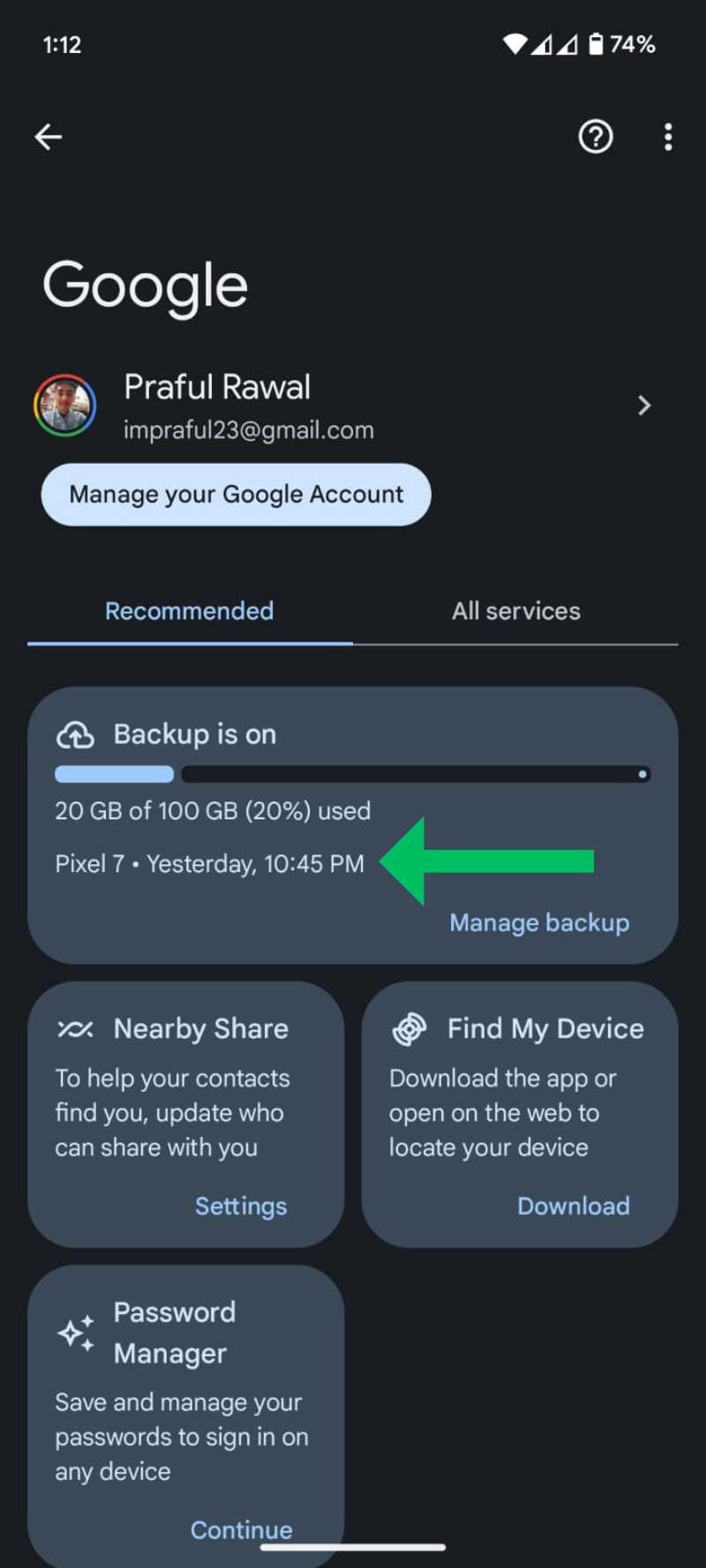 Просмотр метки времени последней резервной копии Google