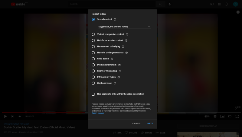 Выбор причины жалобы на видео и кнопка Далее