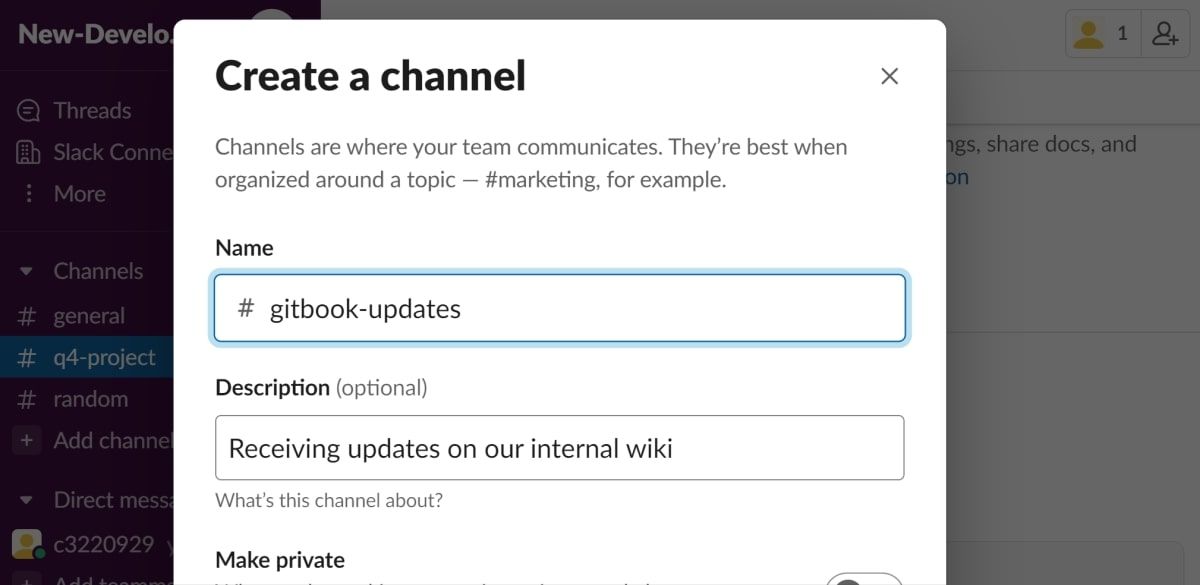 Добавление имени для нового канала Slack