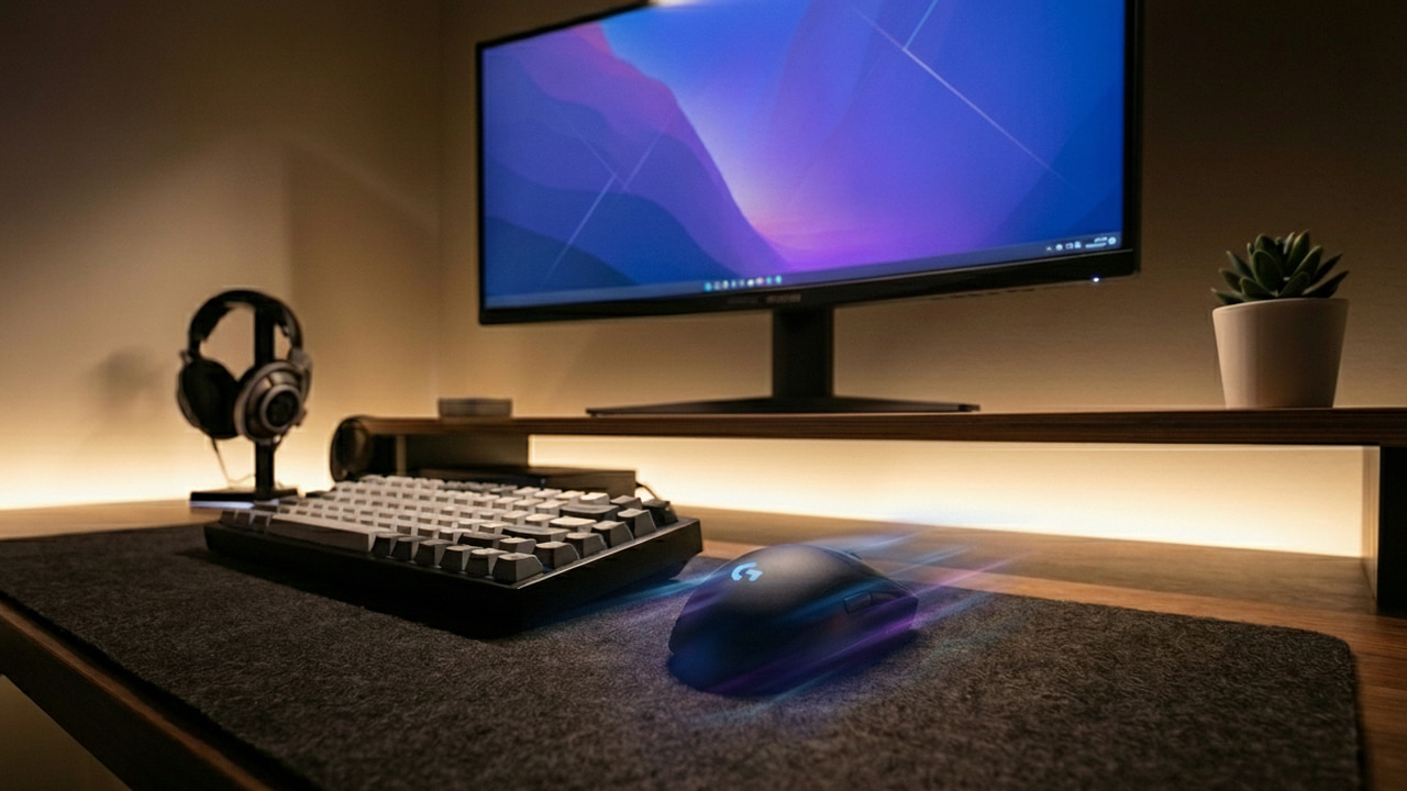 Настольный ПК с мышью в фокусе и эффектом ускорения курсора