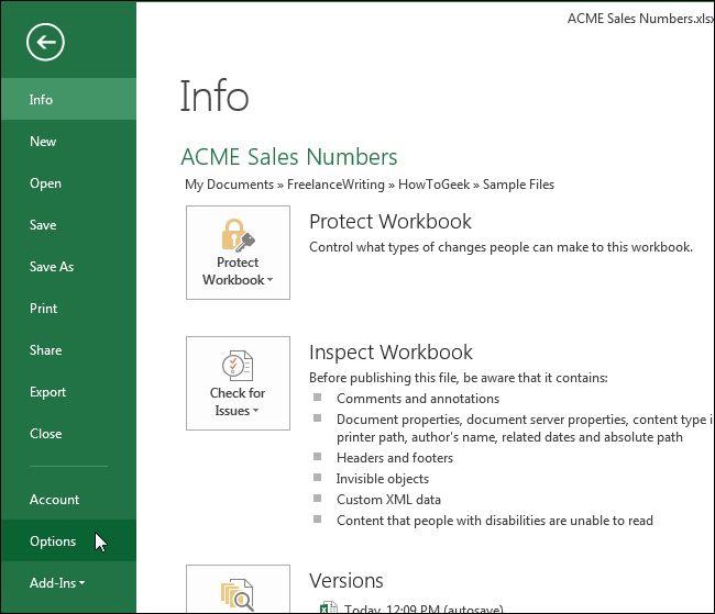 Нажатие Параметры