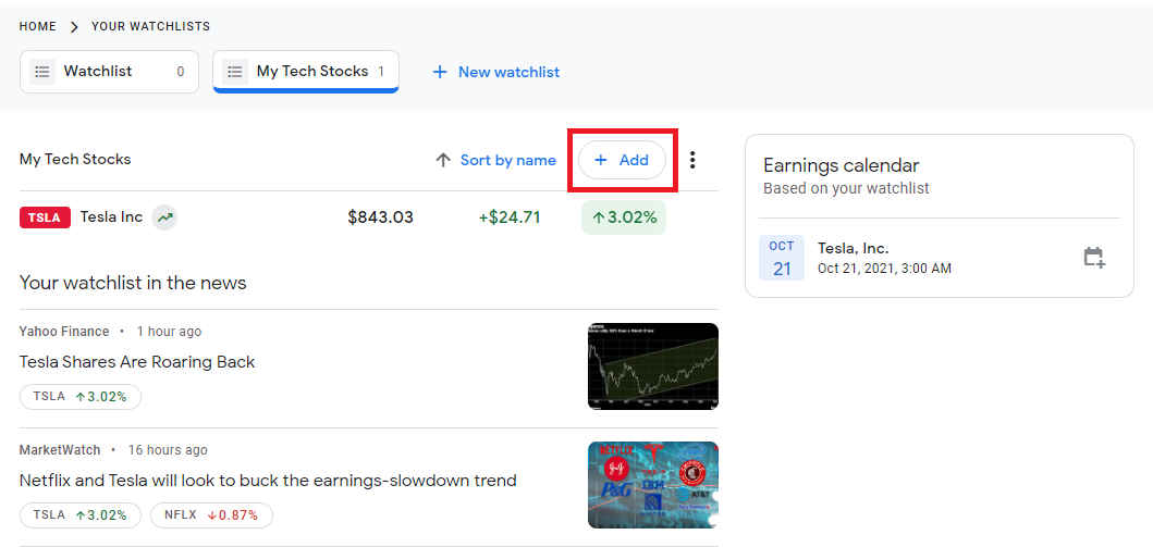 Экран Google Finance: добавление акций в список