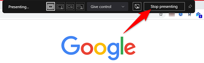 Кнопка «Прекратить презентацию» в Teams на компьютере.