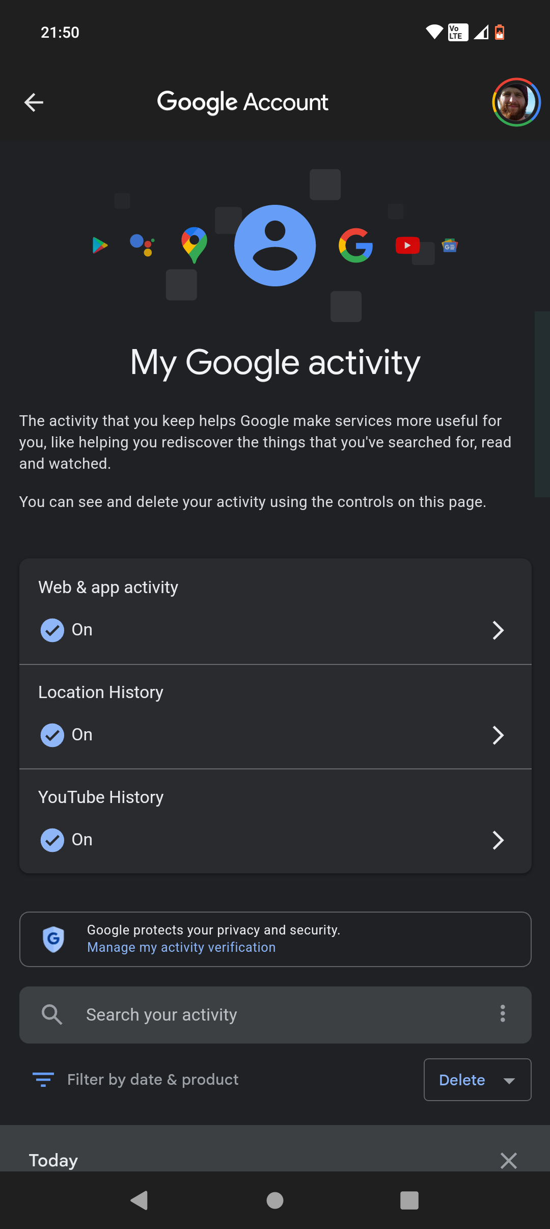 Главный экран приложения Google на Android