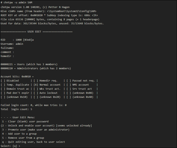 Используйте chntpw в rescue-среде Linux для очистки пароля в SAM