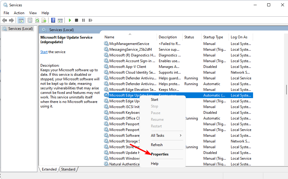 Список служб Windows с выделенной Microsoft Edge Update
