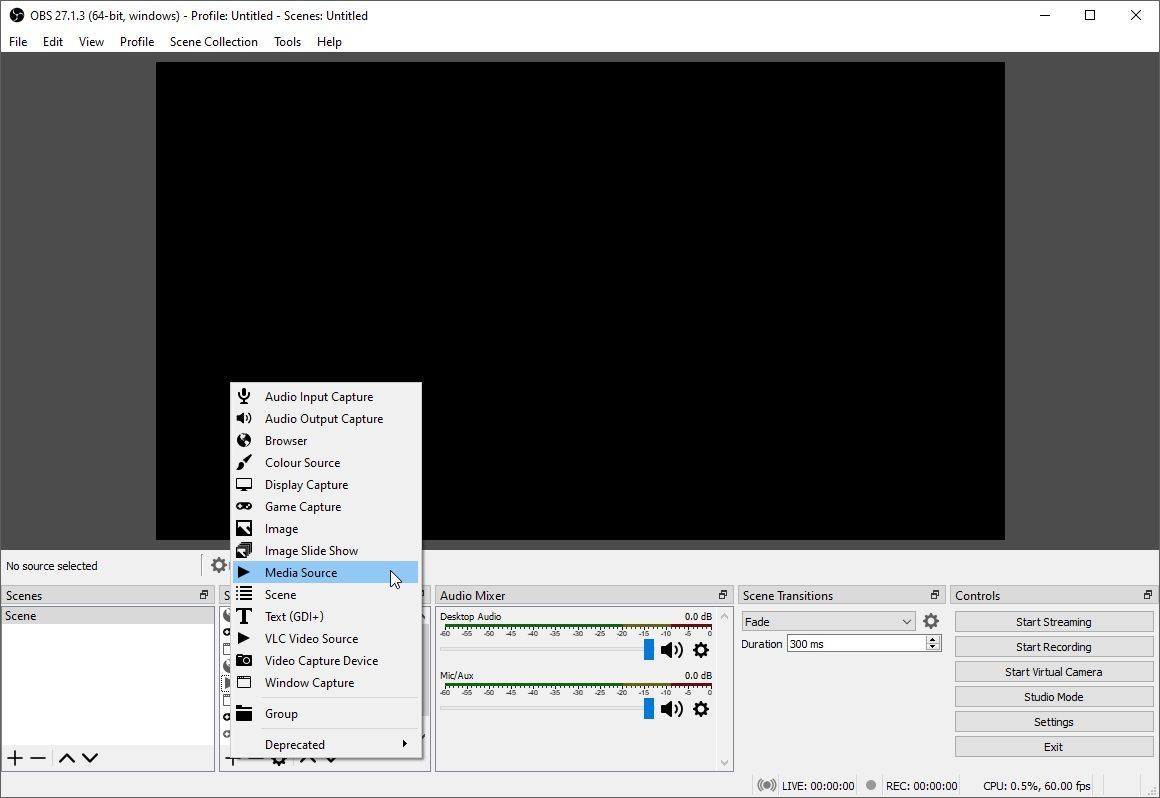 Добавление источника медиа в OBS