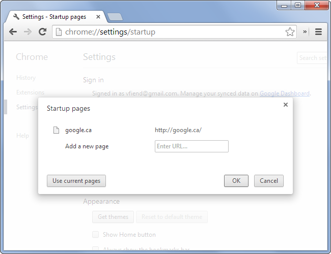 настройки стартовых страниц в Chrome