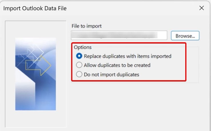 Параметры обработки дубликатов при импорте PST