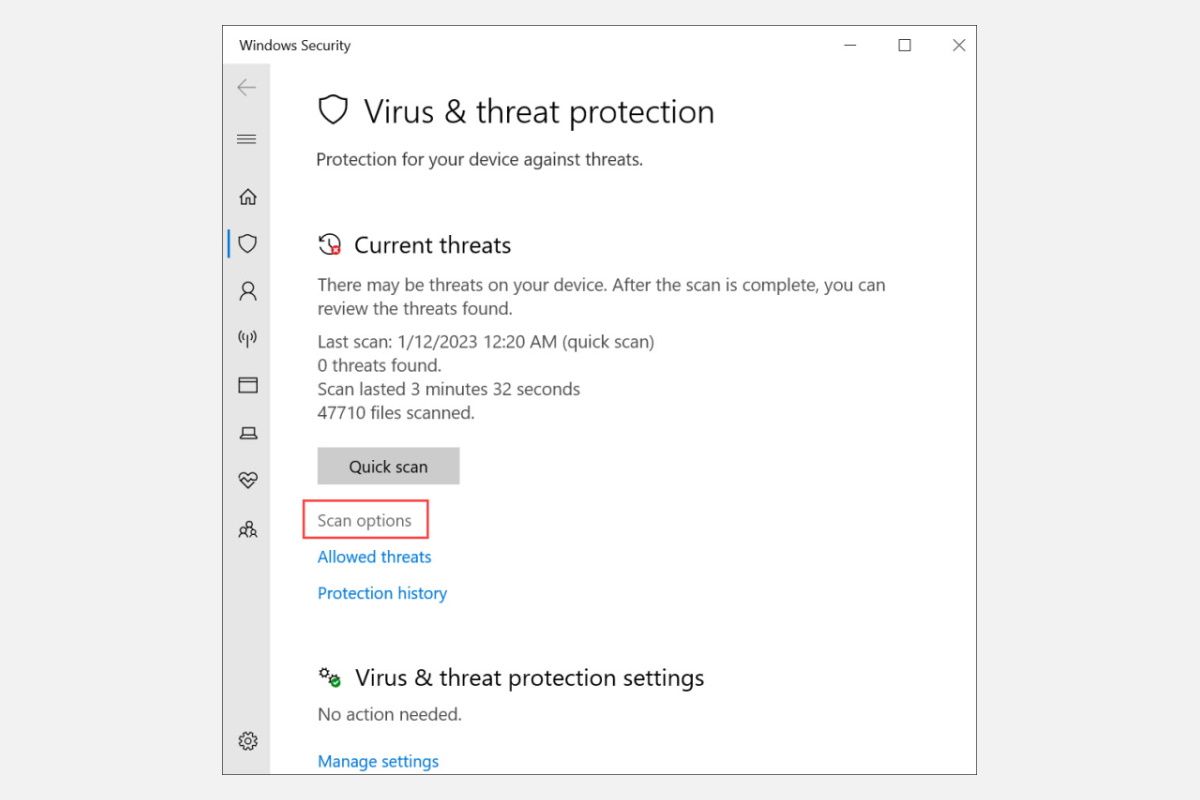 scan options under virus and threat protection window