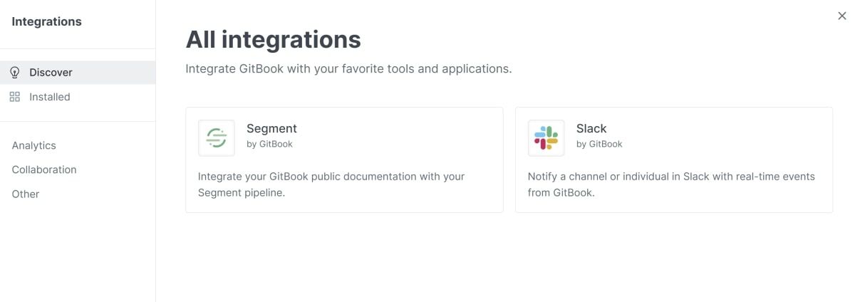Кнопка интеграции Slack в списке интеграций GitBook