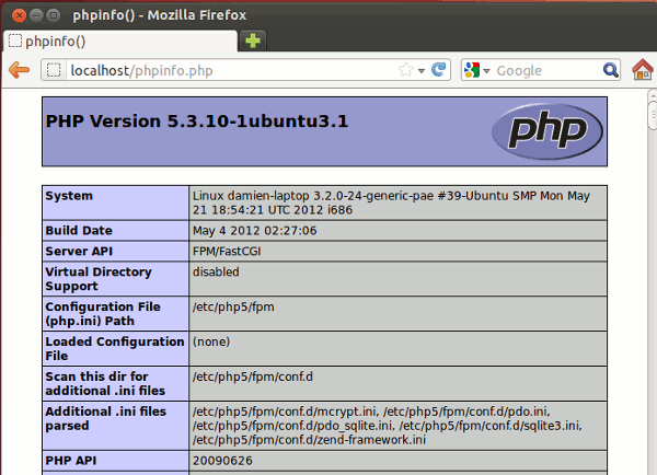 Страница phpinfo с конфигурацией PHP