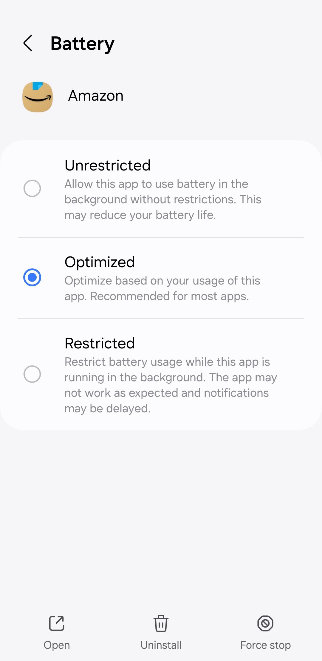 Настройки энергопотребления для приложения Amazon в Android