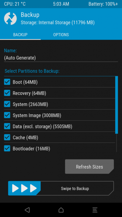 Выбор разделов для резервной копии TWRP через ADB