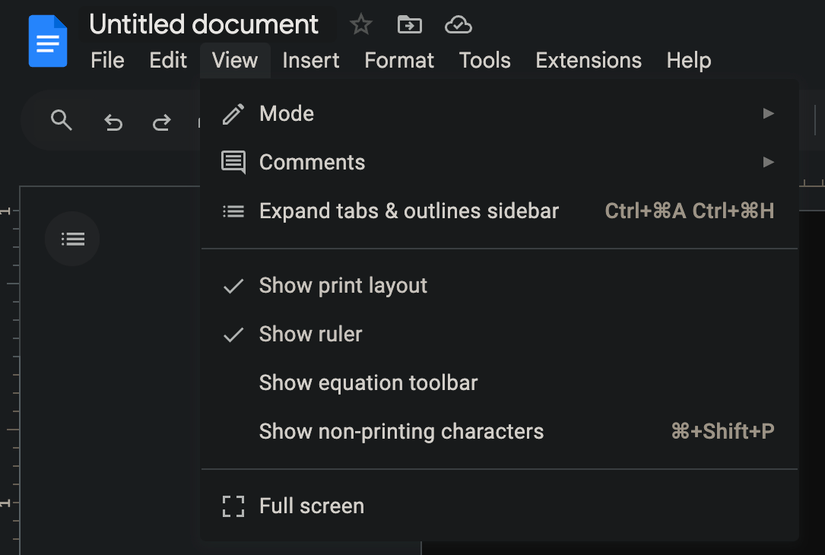 Выпадающее меню 'Вид' в Google Docs