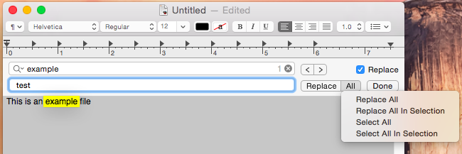 Диалог поиска и замены в TextEdit на macOS