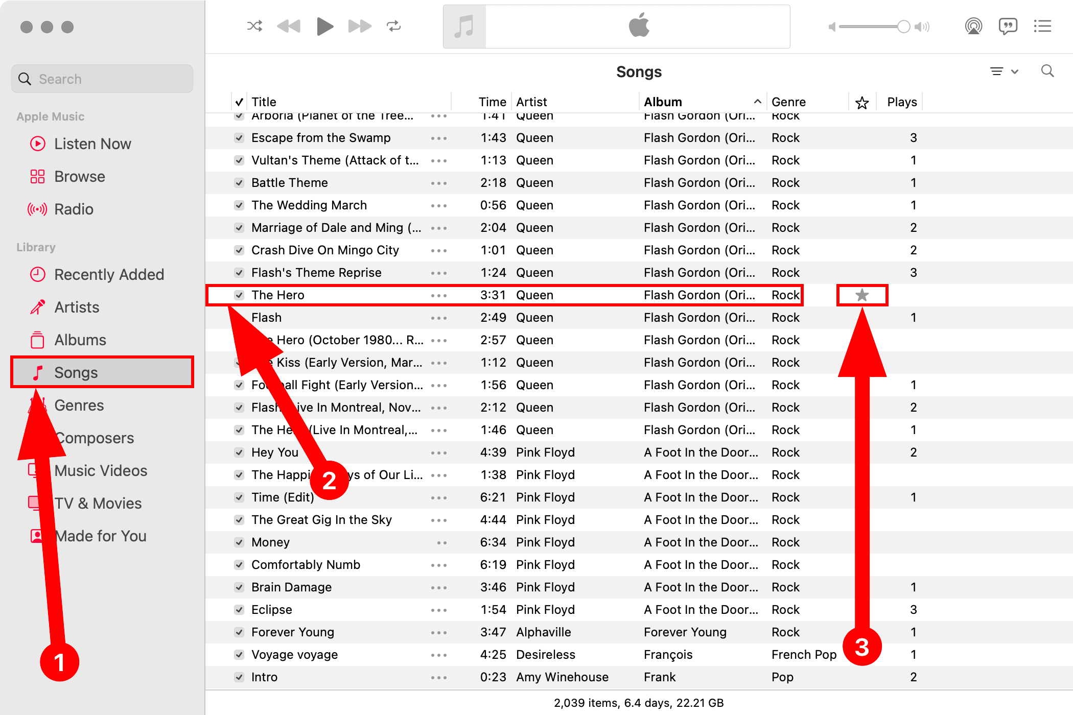 Отметка песни как избранной в Музыке на Mac.