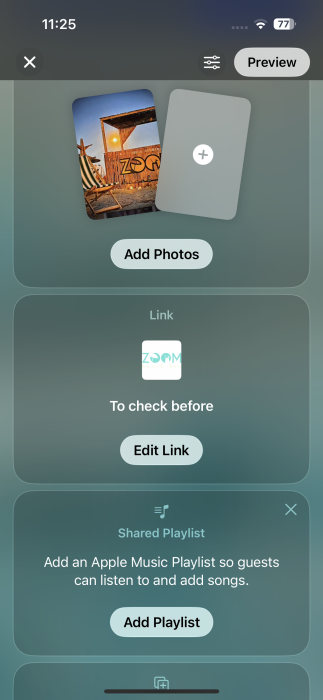 Создание Совместного альбома и добавление ссылок/музыки в приложении Invites на iPhone.