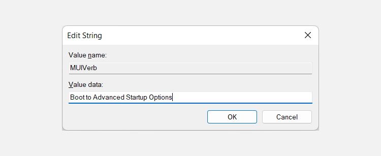 Добавление текста Boot to Advanced Startup Options в значение MUIVerb