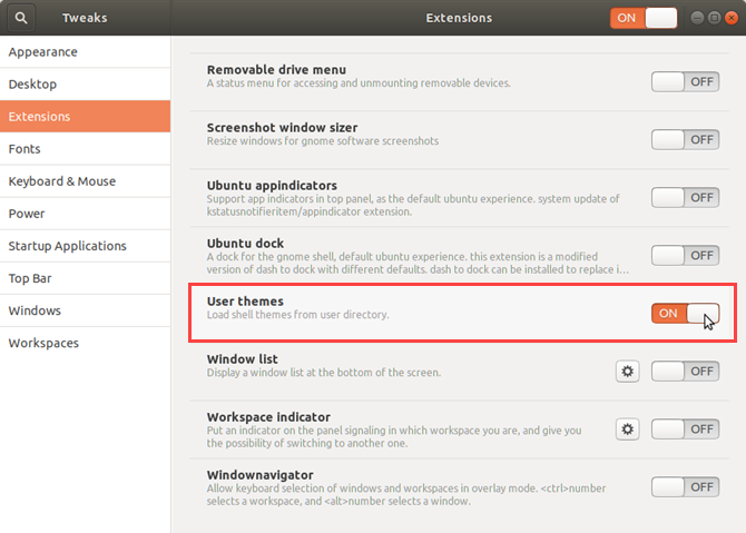 Включение расширения User themes в Tweaks