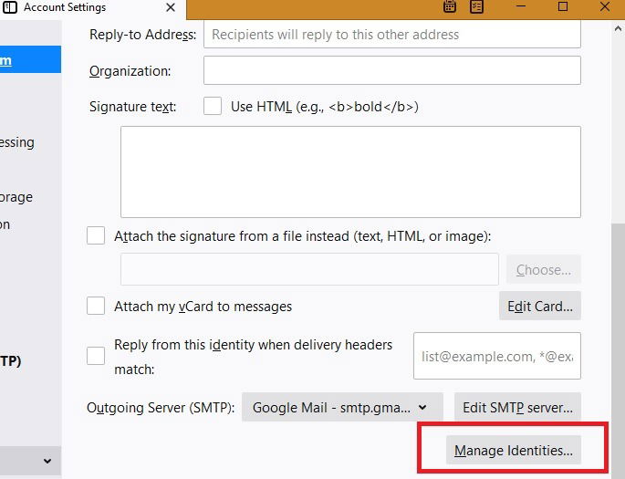 Окно Управление идентичностями