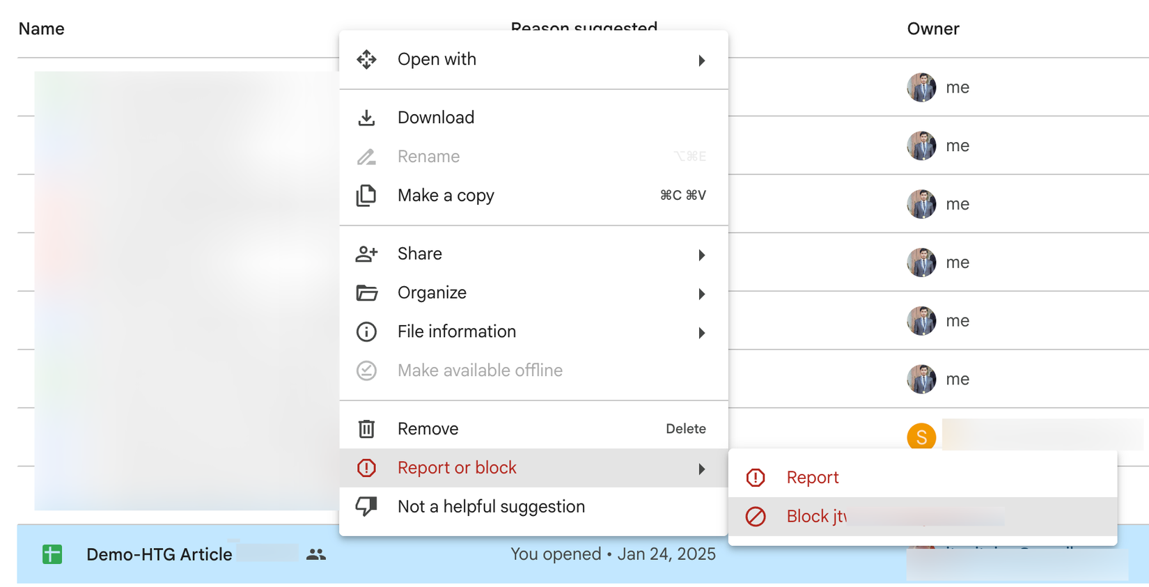 Блокировка пользователя для предотвращения спама в Google Drive.