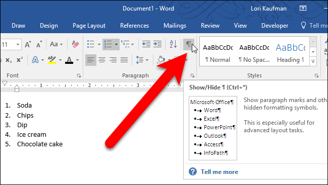 Кнопка Показать/Скрыть непечатаемые символы в интерфейсе Word