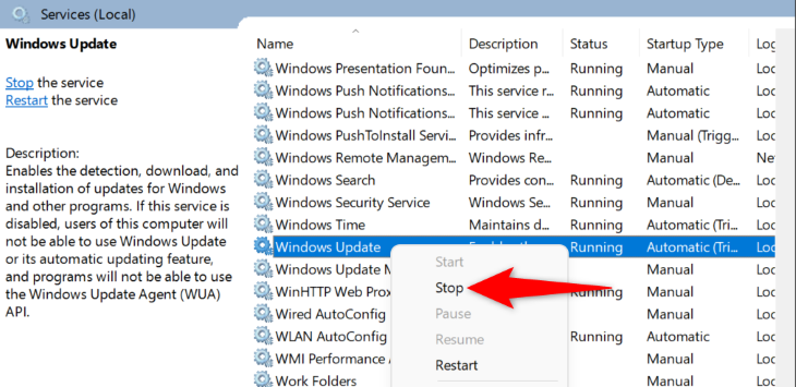 Остановка службы Windows Update