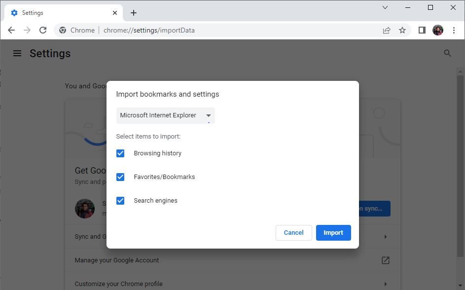 Настройки Google Chrome: импорт закладок и настроек