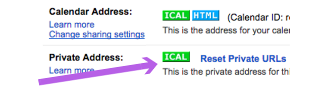 Раздел приватного адреса iCal в настройках календаря