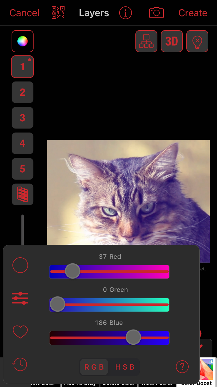Панель RGB с ползунками для красного, зелёного и синего каналов
