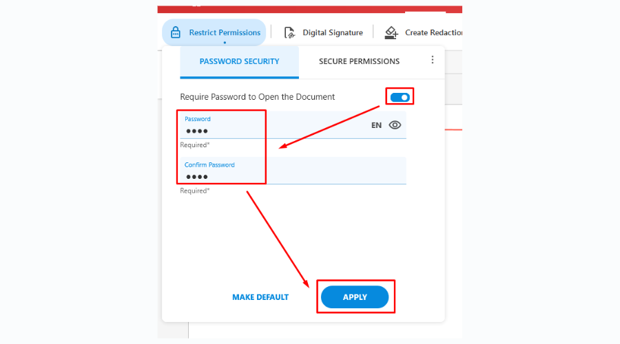 Окно настроек ограничения прав в Soda PDF