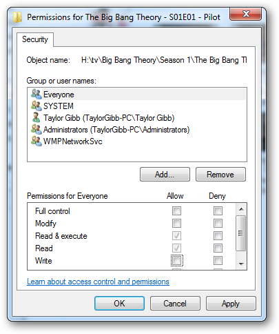 Диалог редактирования NTFS-разрешений