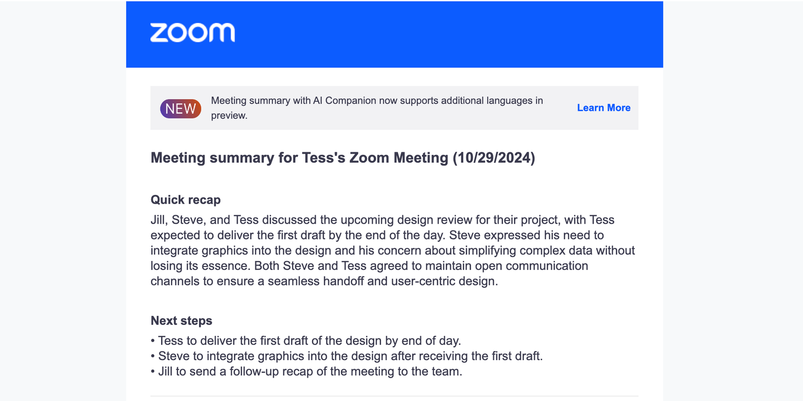 Письмо‑сводка от Zoom с идентификацией пунктов действий для каждого участника