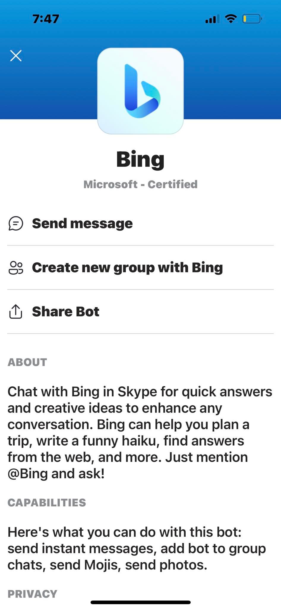 Send Message Option on Skype's Bing Profile