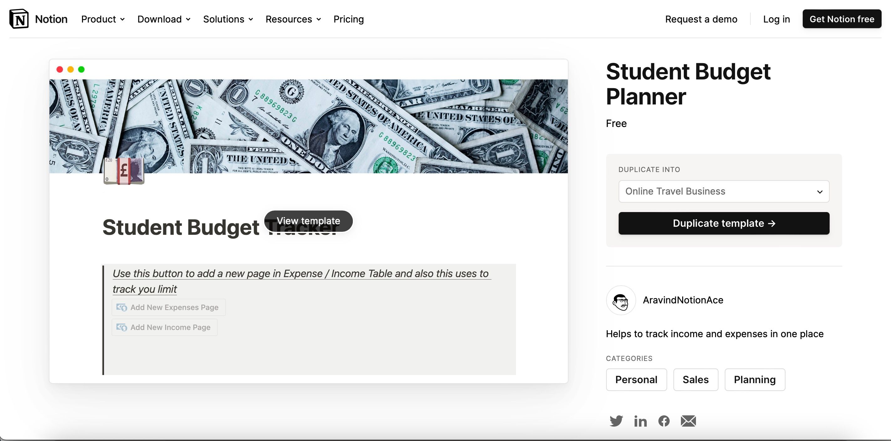 Шаблон планирования бюджета студента в Notion