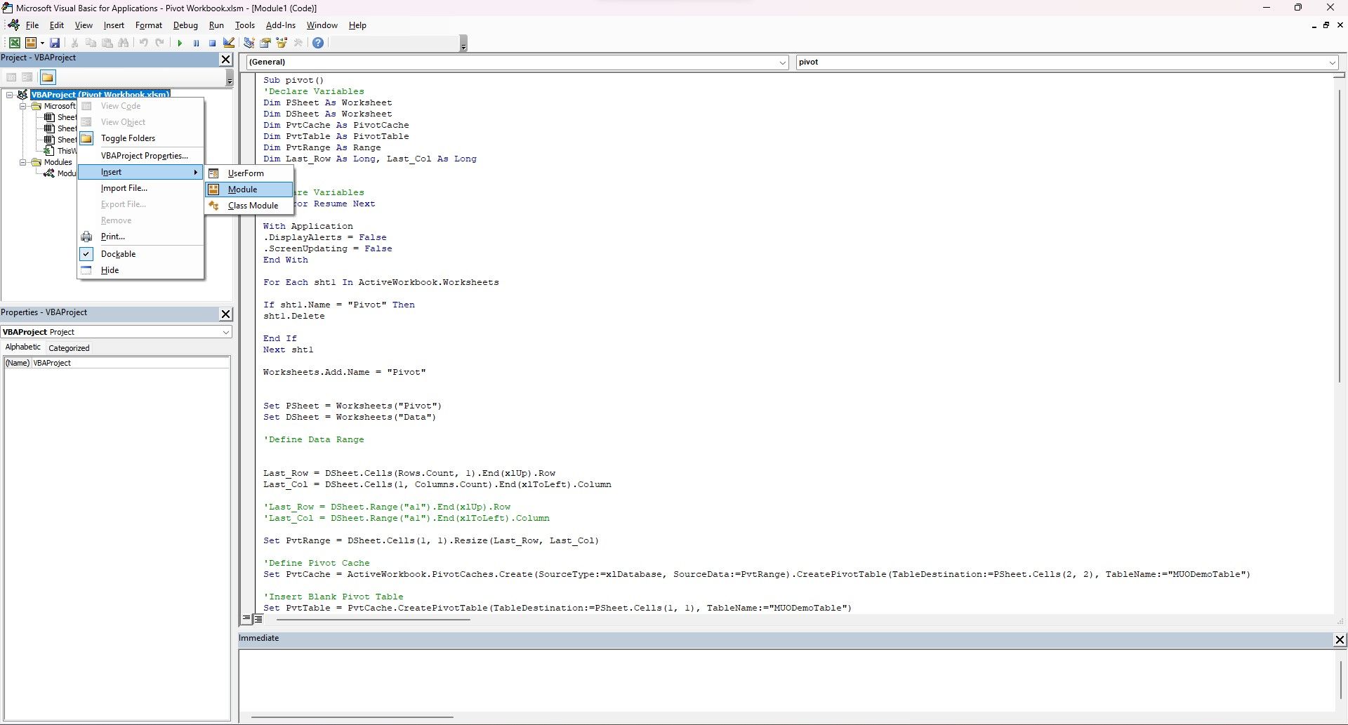 Модуль VBA в код-редакторе MS Excel