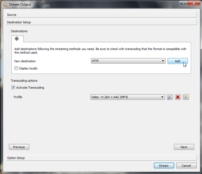 Окно: выбор метода трансляции и добавление назначения