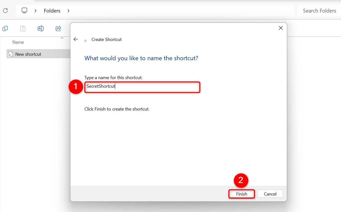 Окно создания ярлыка с полем для ввода имени и кнопкой Готово.