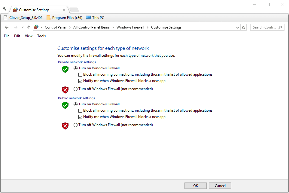 Параметры включения и отключения брандмауэра Windows