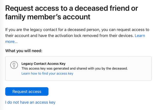 Экран запроса доступа наследника Apple